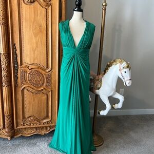 NWT Mac Duggal 68128 [16W] Draped V-neck Sleeveless A-line Jade Green Gown